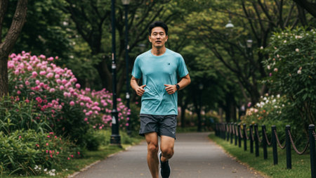 Active Man Running Through a Green Parkの素材
