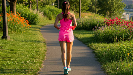 Active Woman Running on a Scenic Park Pathの素材