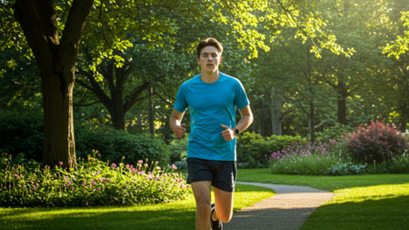 Young Man Enjoying a Morning Run in the Parkの素材