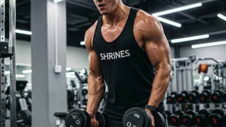 Muscular Man Intensely Training with Dumbbells in Gymの素材