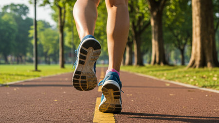 Close-up of Legs Walking on a Park Pathの素材