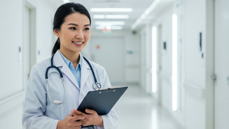 Smiling Asian Female Doctor in Hospital Hallwayの素材