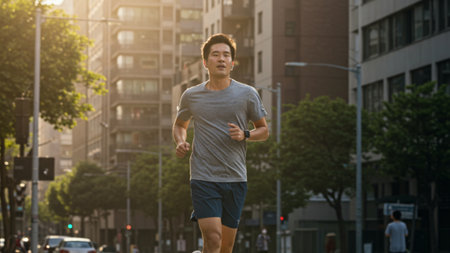 Young Asian Man Running in Urban Sunlightの素材