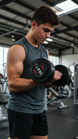 Focused Young Man Performing Bicep Curl in Gymの素材