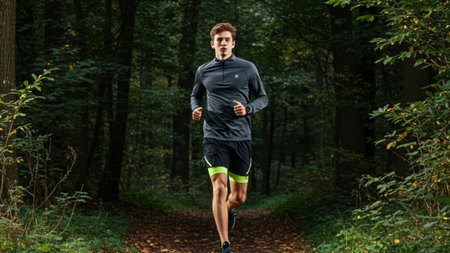 Young Man Running Energetically Through the Forestの素材