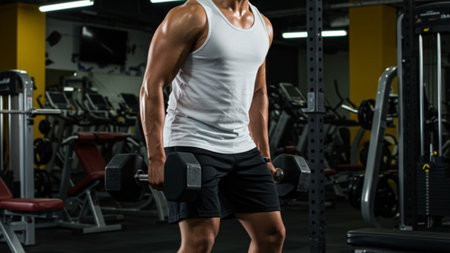 Muscular Man Working Out with Dumbbells in Gymの素材
