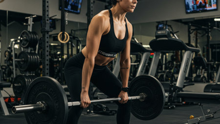 Muscular Woman Training with Barbell at Gymの素材