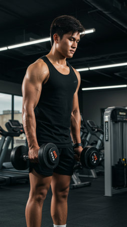 Muscular Young Man Focused During Gym Dumbbell Workoutの素材