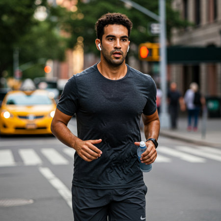 Determined Man Running in a Bustling City Streetの素材