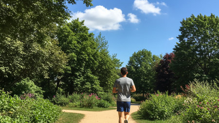 Jogging Down a Lush Green Park Pathの素材