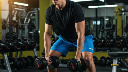 Focused Man Performing Dumbbell Workout in Gymの素材