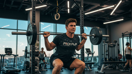 Focused Man Performing Barbell Squats in Modern Gymの素材