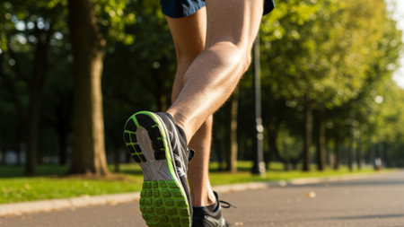 Athlete's Legs Running Outdoors on a Paved Pathの素材
