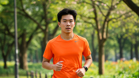 Young Man Jogging Through a Green Parkの素材