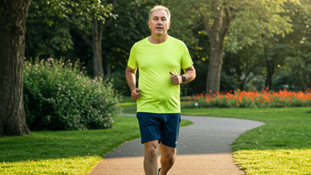 Mature Man Enjoying a Healthy Jog in the Parkの素材