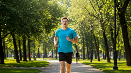 Energetic Young Man Jogging Through Parkの素材