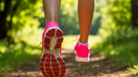 Active Stride in Bright Pink Running Shoes on a Trailの素材