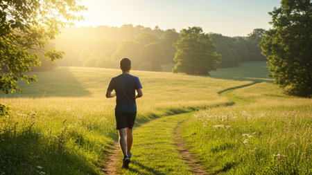 Man Jogging on a Peaceful Meadow Path at Sunriseの素材