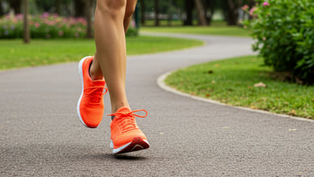 Person Running in Bright Orange Shoes on Park Pathの素材