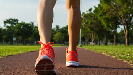 Person Walking in Bright Orange Running Shoes on an Outdoor Pathの素材