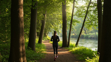 Peaceful Morning Run Along a Shaded River Pathの素材