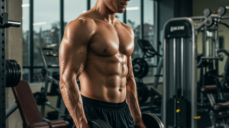 Muscular Man Displaying Impressive Physique in Gymの素材