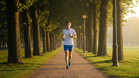 Young Man Enjoying a Peaceful Morning Runの素材