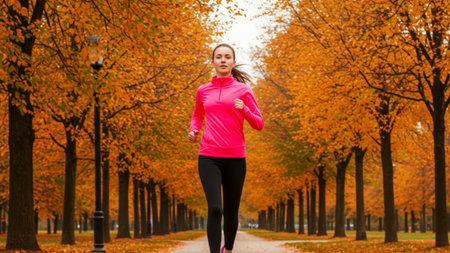 Energetic Young Woman Running Through Autumn Parkの素材