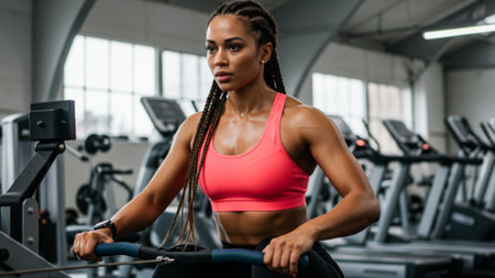 Focused Woman Exercising on a Rowing Machineの素材