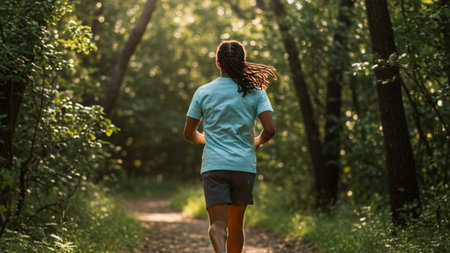 Person Running Through a Sunny Woodland Pathの素材