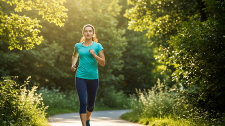 Woman Enjoying a Refreshing Run in Natureの素材