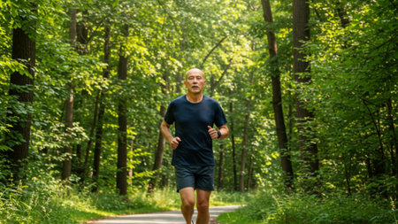 Man Jogging Through a Vibrant Green Forest Pathの素材