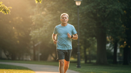 Mature Man Running Through Golden Sunlight in Parkの素材