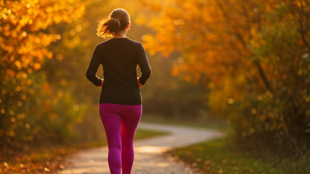 Active Woman Running on a Golden Autumn Pathの素材