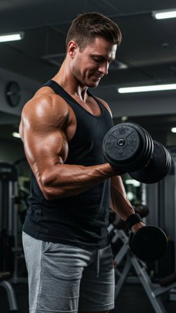 Muscular Man Performing Dumbbell Bicep Curls in Gymの素材