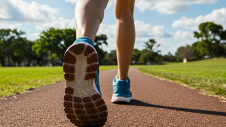 Vibrant Steps on a Sunny Outdoor Running Pathの素材