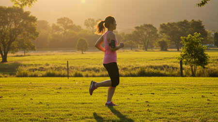 Active Woman Jogging Through a Sunny Field at Sunsetの素材