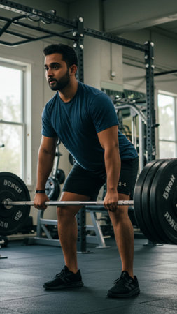Focused Young Man Lifting Barbell in Gymの素材