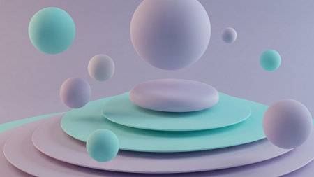 Minimalist Pastel Platform with Floating Geometric Spheresの素材