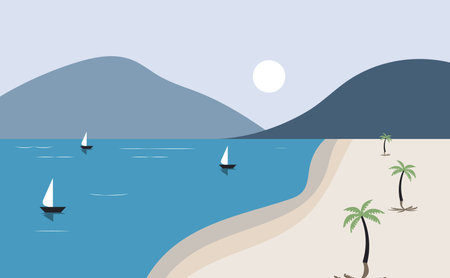 Summer fun time relax scenery of beach tree mountain boat travel in seaのイラスト素材