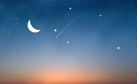 Twilight sky light glowing from horizon. Moon stars night backgroundのイラスト素材