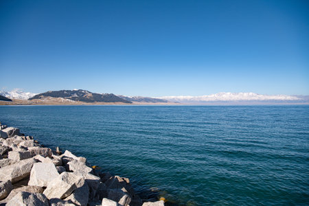 Beautiful view of Sailimu Lake in Autumnの写真素材