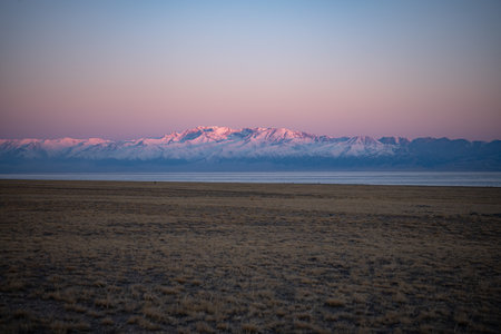 Sunset over the Sailimu Lake in Autumnの写真素材