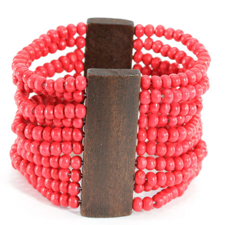 Red Bead and Wood Panel Braceletの写真素材