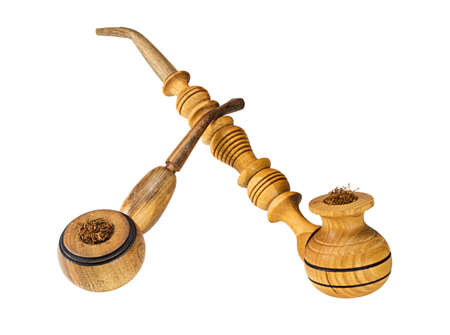 Two wooden smoking pipes isolated on white backgroundの写真素材