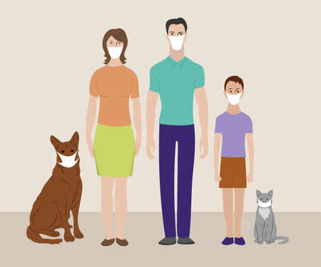 Family and their pets in medical masks at home to protect themselves from the virus.のイラスト素材