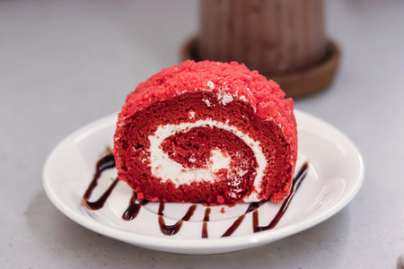 High Angle View Of Red velvet swiss roll Served In Plate On Tableの写真素材