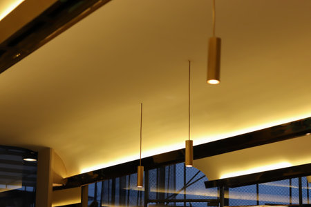 Interior lights of the restaurant at nightの写真素材