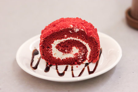 High Angle View Of Red velvet swiss roll Served In Plate On Tableの写真素材