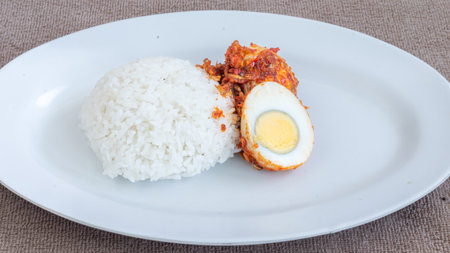 A plate of rice with egg balado sauce, egg sauce, anchovies and tofu. Served in a bowl on a gray background. Selected focus.の写真素材